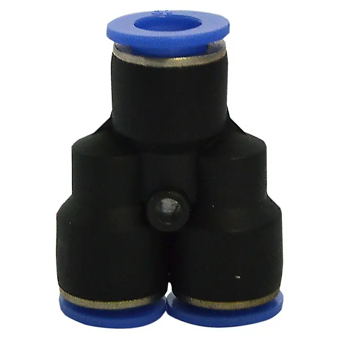 MPC Conector en Y - Diámetro boquilla: 10 mm, 5 ud. - La imagen muestra un conector neumático en Y negro con extremos azules, un componente crucial para sistemas de aire comprimido.