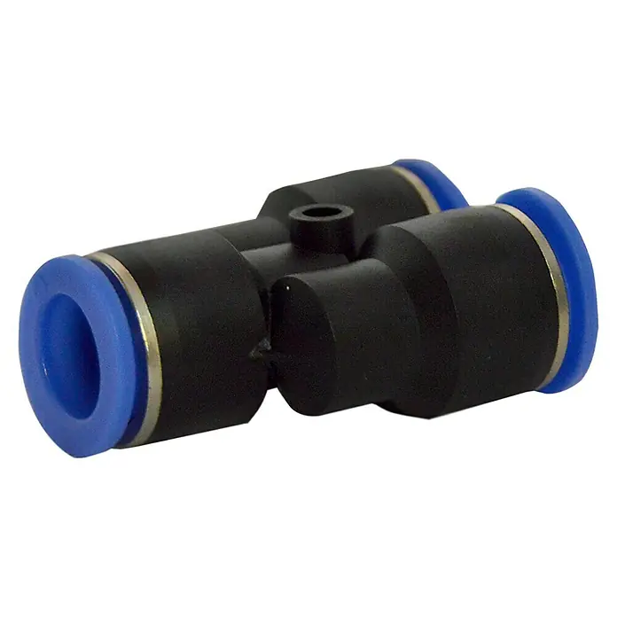 MPC Conector en Y - Diámetro boquilla: 12 mm, 5 ud. - Imagen de un conector neumático en forma de T negro con extremos azules, utilizado en sistemas neumáticos para distribuir aire o gases.