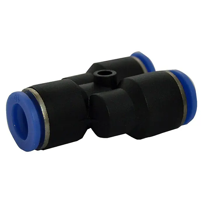 MPC Conector en Y - Diámetro boquilla: 10 mm, 5 ud. - Primer plano de un conector rápido neumático negro en forma de T con extremos azules, ideal para líneas de aire.