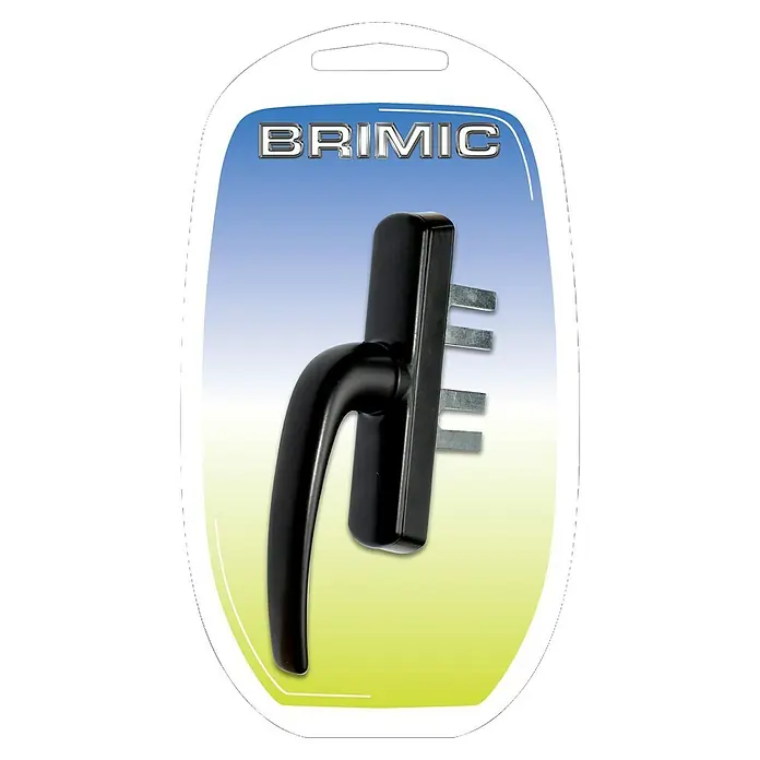 Micel Manilla para ventana AC-20 - Aluminio, Negro - Imagen de un tirador de ventana de la marca BRIMIC de color negro con clavijas plateadas dentro de su embalaje.