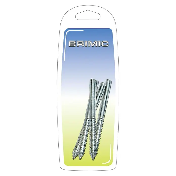 Micel Brimic Perno de doble rosca TRN9 - Ø x L: 6 x 60 mm, 8 ud. - Tornillos de la marca BRIMIC en un embalaje de plástico. Los tornillos son de metal y tienen una rosca. El embalaje es blanco y azul.