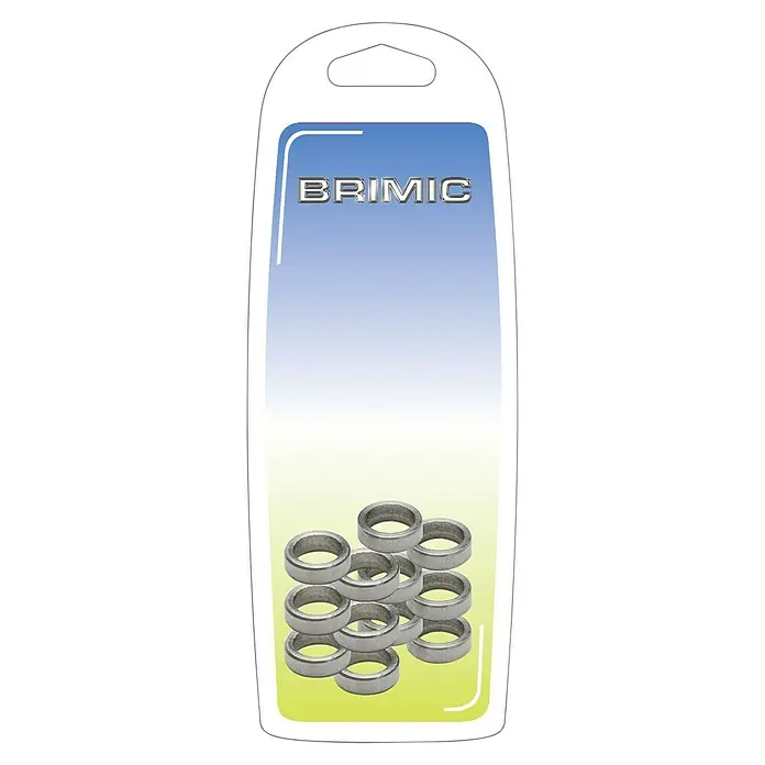 Micel Brimic Set de arandelas - Diámetro: 10,5 mm, Acero inoxidable, 10 ud. - Imagen de un paquete de arandelas metálicas de la marca Brimic, dispuestas de manera ordenada y apiladas.