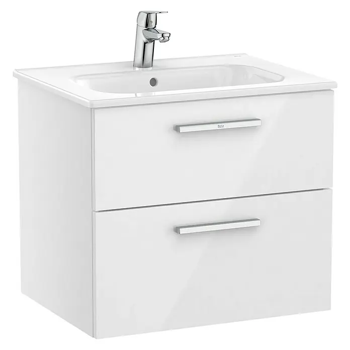 Roca Conjunto de mueble de baño Victoria - Blanco - La foto muestra un mueble de lavabo blanco con dos cajones y un moderno grifo cromado. Un lavabo elegante para el diseño moderno del baño.
