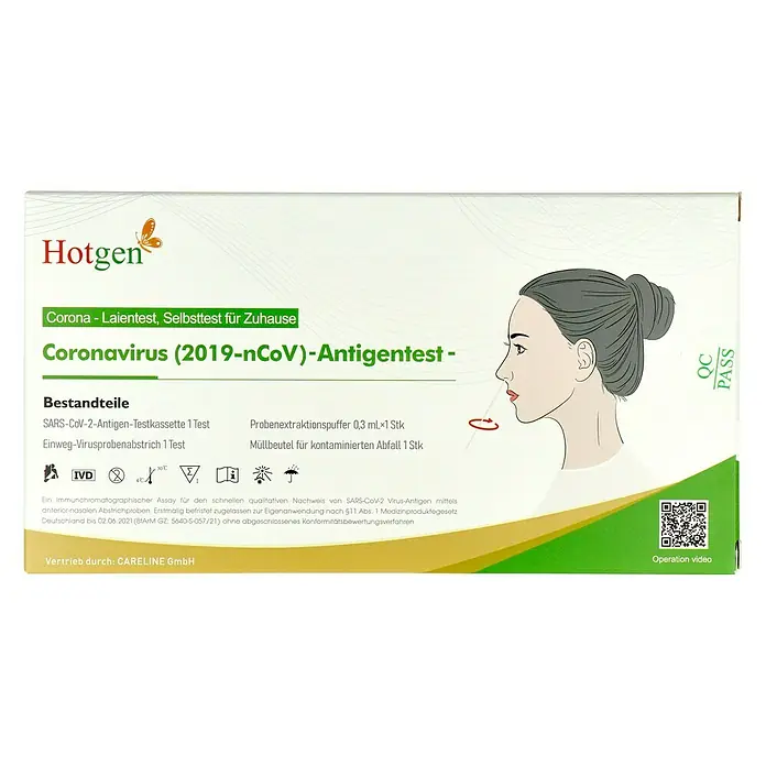 Hotgen Schnelltest - 1 Stk. - Abbildung der Verpackung eines Hotgen Corona-Laientest für Zuhause, ein Antigen-Schnelltest zum Nachweis von SARS-CoV-2.