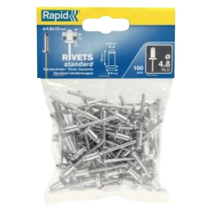 Rapid Remache - Diámetro de remache: 4,8 mm, Longitud de remache: 10 mm, 1 ud., Aluminio (cabeza) - Un paquete de remaches estándar Rapid con un diámetro de 4,8 mm. Los remaches son de aluminio y vienen en un paquete de 100 unidades.