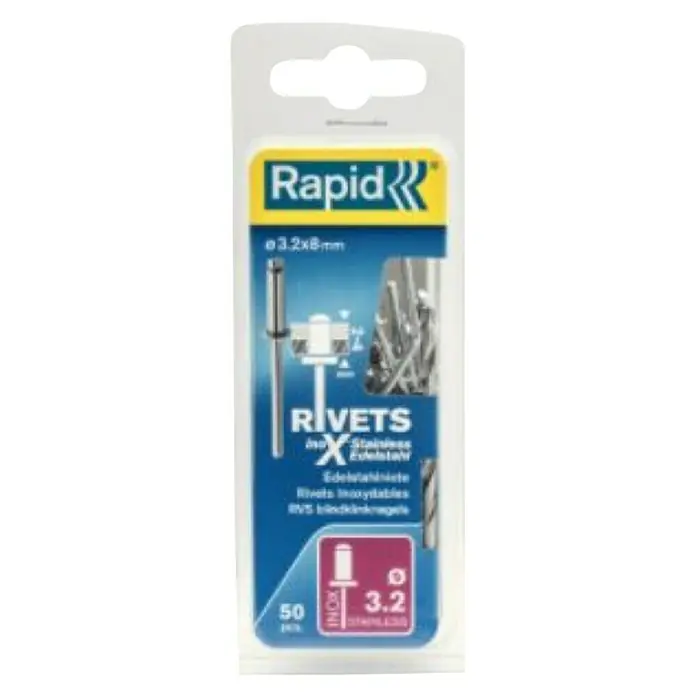 Rapid Remache - Diámetro de remache: 3,2 mm, Longitud de remache: 8 mm, 1 ud., Acero inoxidable (cabeza) - Remaches de acero inoxidable Rapid, 3.2x8mm, paquete de 50 unidades. Ideal para conexiones duraderas en interiores y exteriores.