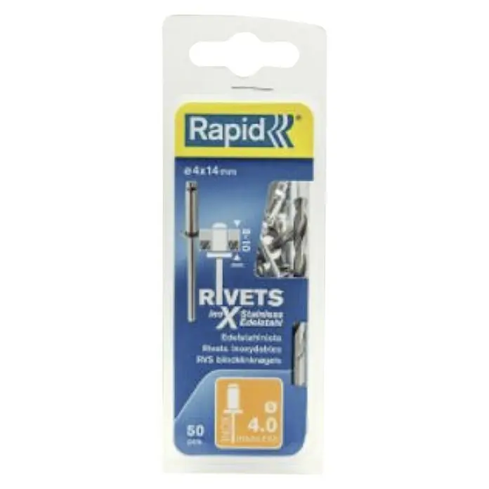 Rapid Remache - Diámetro de remache: 4 mm, Longitud de remache: 14 mm, 1 ud. - Embalaje remaches de acero inoxidable Rapid Ø4x14mm, ideal para conexiones permanentes. Contiene 50 piezas, diámetro 4,0 mm.