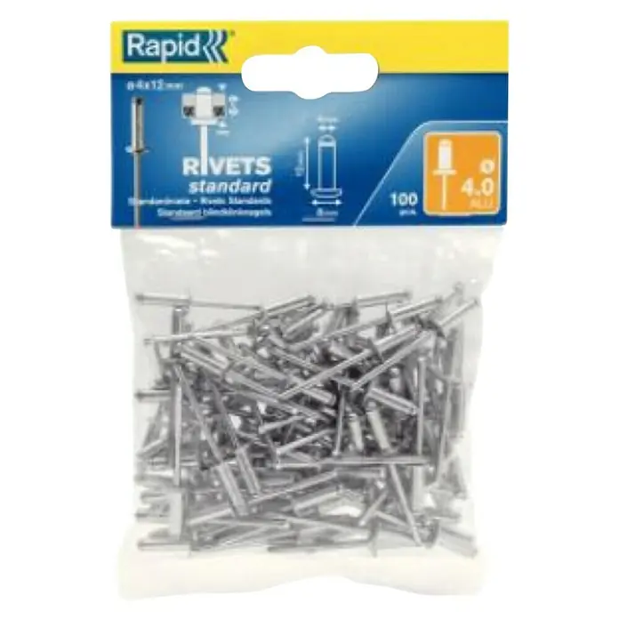 Rapid Remache - Diámetro de remache: 4 mm, Longitud de remache: 12 mm, 1 ud. - Un paquete de remaches Rapid Standard, 4,0 mm, 100 unidades, para diversas aplicaciones de bricolaje y manualidades.