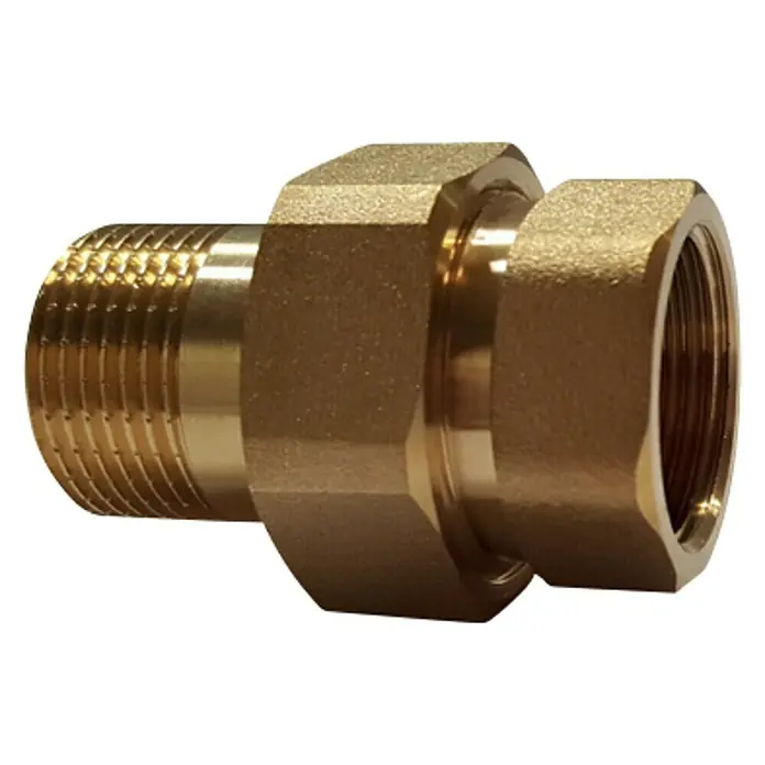 Rohrverschraubung - Innengewinde: ½″, Außengewinde: ½″, Messing - Nahaufnahme einer Messingverschraubung mit Gewinde, ideal für Sanitär- und Heizungsinstallationen.