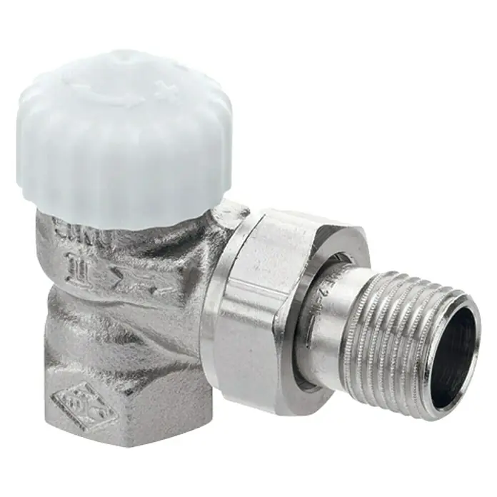Heimeier Thermostatventil-Set V-exact II - ½″, Eckventil - Eckventil mit weißer Kappe, ideal für Heizkörperanschlüsse. Das Ventil aus Metall bietet präzise Steuerung und modernes Design.