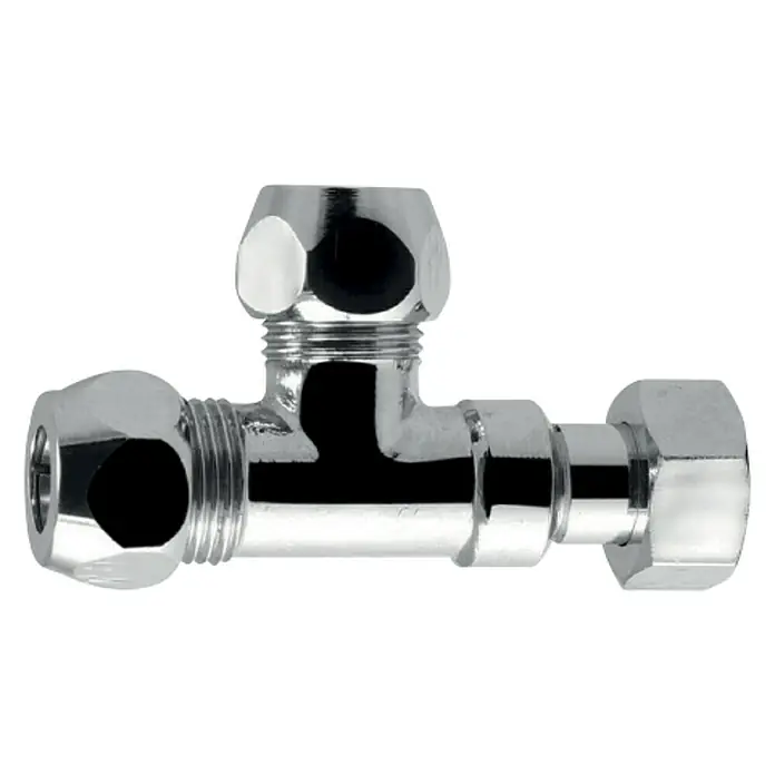 Admiral T-Quetschverschraubung - ⅜″, Durchmesser: 10 mm - Bild einer glänzenden Chrom-T-Verbindung mit Kompressionsverschraubung, die in Sanitäranwendungen verwendet wird. Ideal für den Anschluss von Wasserleitungen.