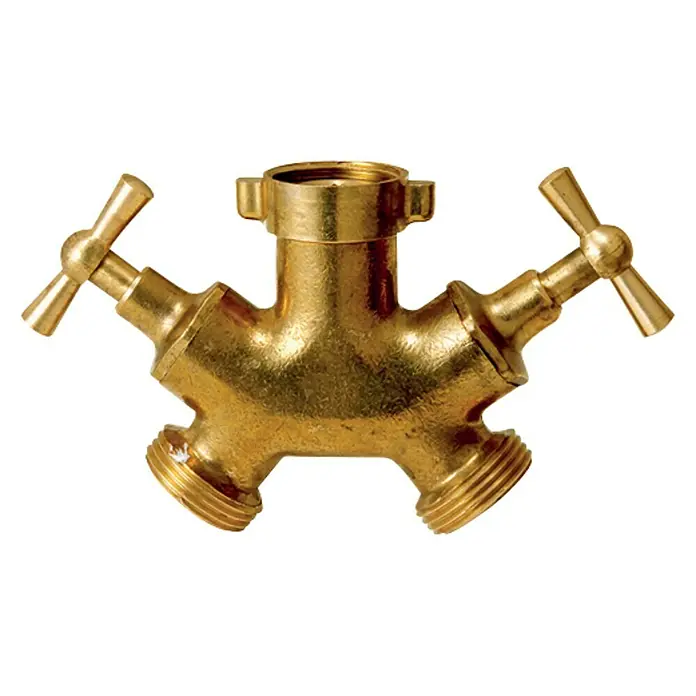 2-Wege-Verteiler - ¾″, Messing - Messing-Doppelventil mit zwei Griffen und Gewindeanschlüssen für Wasserhahn oder Schlauchverbindungen.