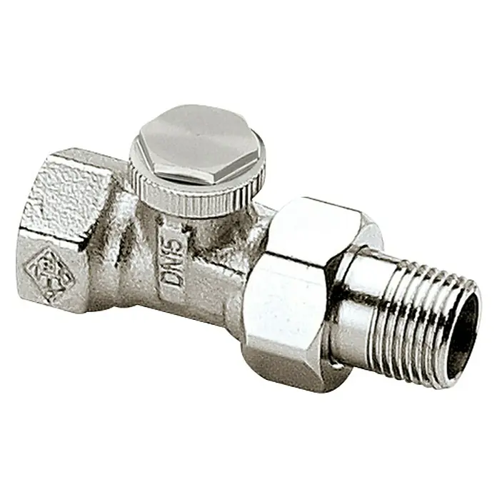 Heimeier Thermostatventil-Set Regutec - ½″, Durchgangsventil - Nahaufnahme eines glänzenden, metallischen Eckventils DN15, ideal für Sanitärinstallationen. Das Produkt überzeugt durch seine robuste Bauweise.