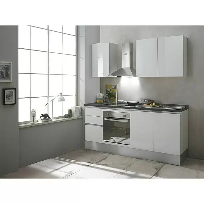 Marinelli Cucine Vormontierte Küchenzeile Giulia - Breite: 195 cm, Weiß, Mit Elektrogeräten, Dekor Arbeitsplatte: Marmoroptik, Spüle rechts - Stimmungsaufnahme