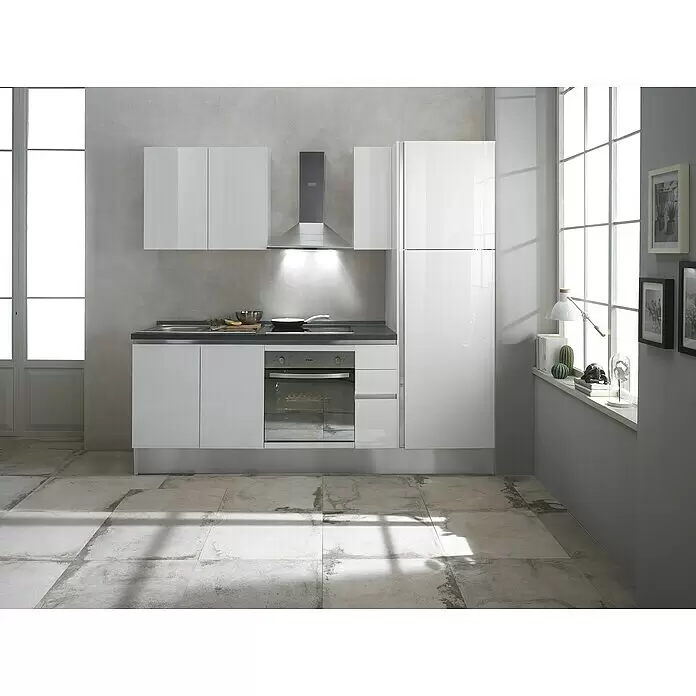 Marinelli Cucine Vormontierte Küchenzeile Giulia - Breite: 245 cm, Weiß, Mit Elektrogeräten, Dekor Arbeitsplatte: Marmoroptik, Spüle links - Stimmungsaufnahme
