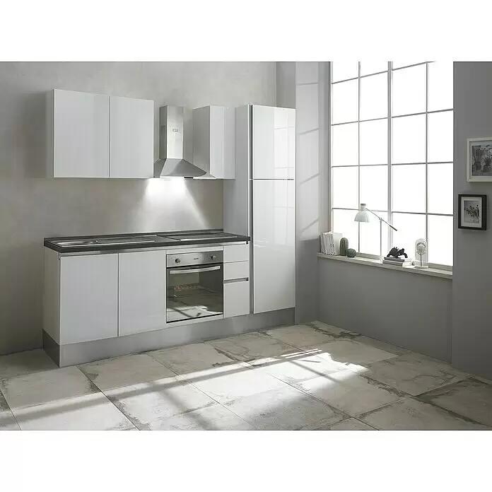 Marinelli Cucine Vormontierte Küchenzeile Giulia - Breite: 245 cm, Weiß, Mit Elektrogeräten, Dekor Arbeitsplatte: Marmoroptik, Spüle links - Stimmungsaufnahme