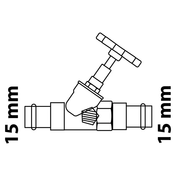 Absperrventil - Durchmesser: 15 mm, Mit Entleerung - Abbildung eines optischen Setups mit zwei Linsen und einem Prisma, das Licht bricht und streut. Die Elemente sind klar voneinander abgrenzt.