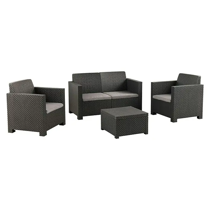 Shaf Conjunto de muebles Evo - 4 pzs., Polipropileno, Antracita - Imagen de un conjunto de muebles de jardín gris, que incluye dos sillones, un sofá y una mesa cuadrada.