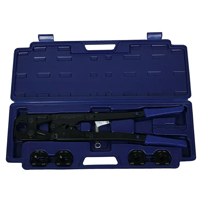 Isoltubex Prensadora MMCF - Diámetro del tubo: 16 mm - 32 mm, Modelo cabezal: Fijo - Caja azul con un juego de herramientas de engaste y matrices intercambiables, ideal para instalaciones y reparaciones profesionales.