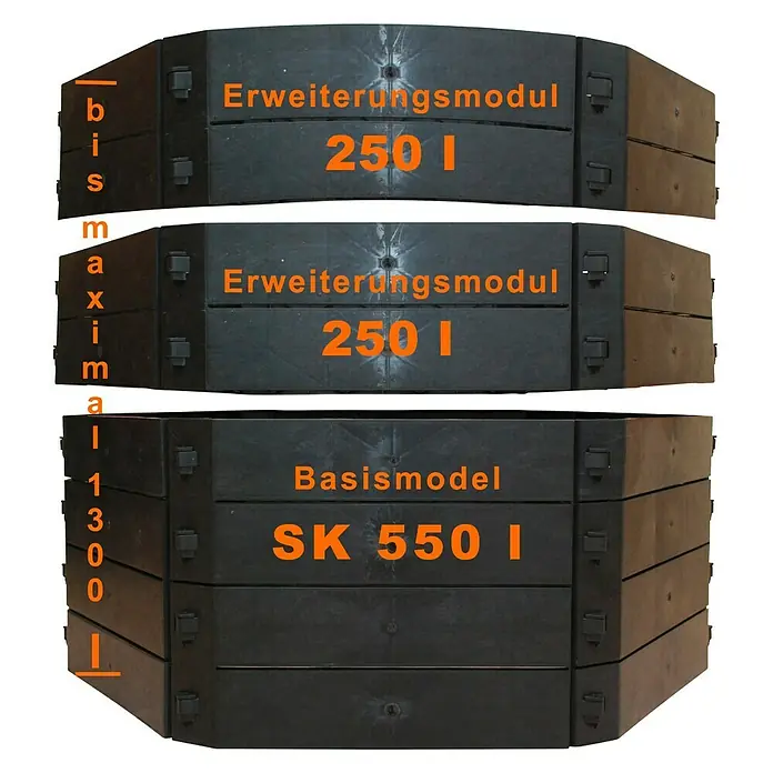 KHW Komposter-Anbauteil SKA 250 Liter - KHW Schnellkomposter SK 550 - Aufnahme des Basismodells SK 550 I mit zwei Erweiterungsmodulen 250 I, ein flexibles System zur Wasserspeicherung im Garten.