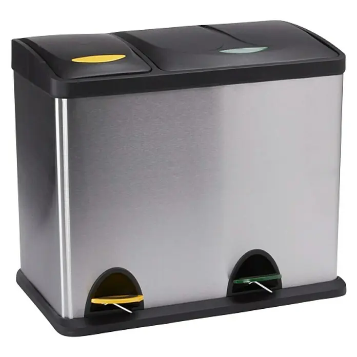 MSV Cubo con pedal Eco 8 + 18 L - Acero inoxidable, Acero inoxidable/Negro - Cubo de basura doble de acero inoxidable con pedal y tapas de colores para facilitar la separación de residuos. Diseño práctico e higiénico.