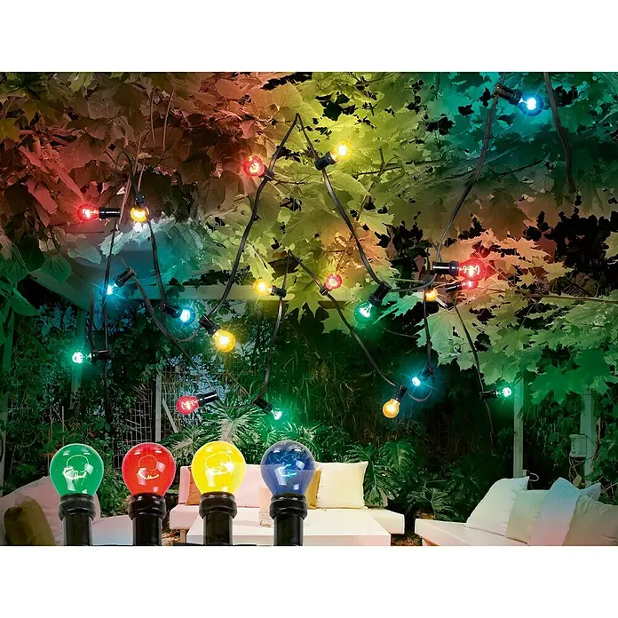 Globo LED-Lichterkette Nirvana - Außen, Anzahl Leuchtmittel: 10 Stk. - Dekorative Lichterkette mit bunten Glühbirnen für den Außenbereich, ideal für Gartenpartys und stimmungsvolle Beleuchtung.