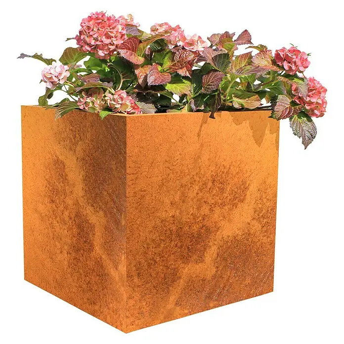Palatino Exclusive Line Pflanzkasten Nora - 60 x 60 x 60 cm, Cortenstahl, Rotbraun - Rostfarbener Pflanzkübel aus Metall mit rosa Hortensien, ideal für Garten, Terrasse oder Balkon, verleiht jedem Außenbereich einen Hauch von Eleganz.