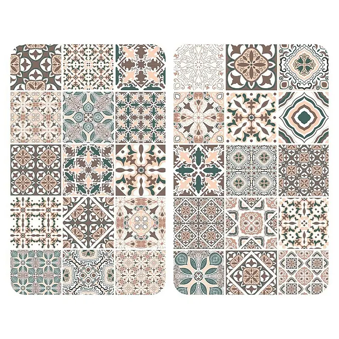 Wenko Placa de protección de vidrio Azulejos - L x An: 30 x 52 cm, Azulejos, Panel de vidrio de seguridad - Azulejos decorativos de estilo vintage que muestran varios patrones y tonos tierra, ideales para el diseño de cocinas o baños.