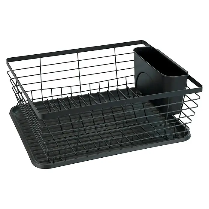Wenko Geschirrkorb - L x B x H: 30,3 x 36 x 15 cm, Schwarz - Hier sehen wir einen Abtropfkorb mit Abtropfschale und einem Behälter für Besteck, der eine praktische Lösung für die Küchenorganisation darstellt.