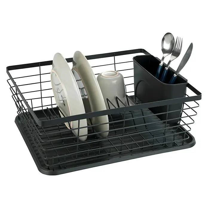 Wenko Geschirrkorb - L x B x H: 30,3 x 36 x 15 cm, Schwarz - Ein schwarzer Geschirrständer mit Geschirr und Besteck, ideal für die Küche. Praktisch und stilvoll.