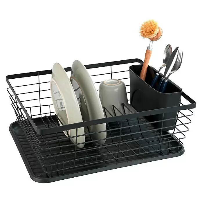 Wenko Geschirrkorb - L x B x H: 30,3 x 36 x 15 cm, Schwarz - Schwarzes Metall-Geschirrabtropfgestell mit grauer Abtropfschale, enthält Teller, Tasse, Bürste und Besteck.
