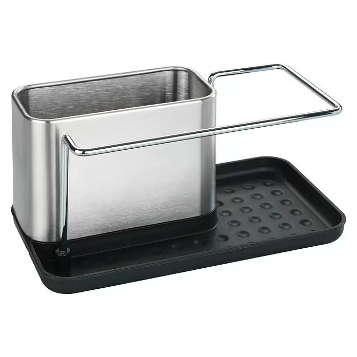 Wenko Spülbecken-Organizer - L x B x H: 12 x 21 x 10,5 cm - Gebürsteter Edelstahl-Spülbeckenorganizer mit schwarzer Abtropfschale und Chromstange für Schwämme und Bürsten.