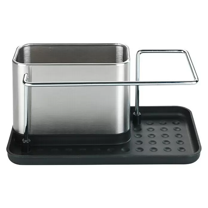 Wenko Spülbecken-Organizer - L x B x H: 12 x 21 x 10,5 cm - Edelstahl-Spülbecken-Caddy aus gebürstetem Metall und schwarzem Kunststoff, mit Ablage und Abtropfschale für Spülschwämme und Bürsten.