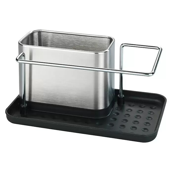 Wenko Spülbecken-Organizer - L x B x H: 12 x 21 x 10,5 cm - Spülbecken-Organizer aus Edelstahl mit schwarzer Abtropfschale für Schwämme und Bürsten.