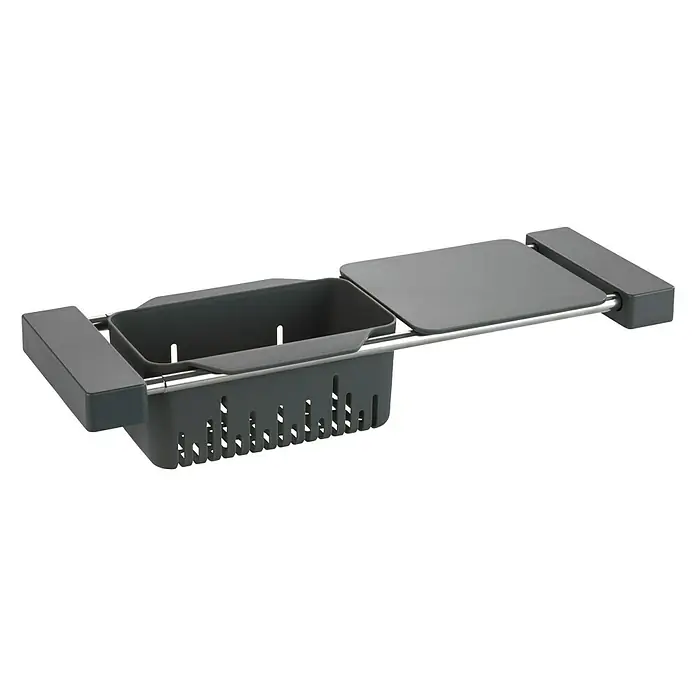Wenko Spülbecken-Organizer - L x B x H: 14 x 43,5 x 8 cm, Grau - Eine graue Badewannenablage mit Behälter und Ablagefläche für Badeutensilien, die auf einem schwarzen Hintergrund platziert ist.