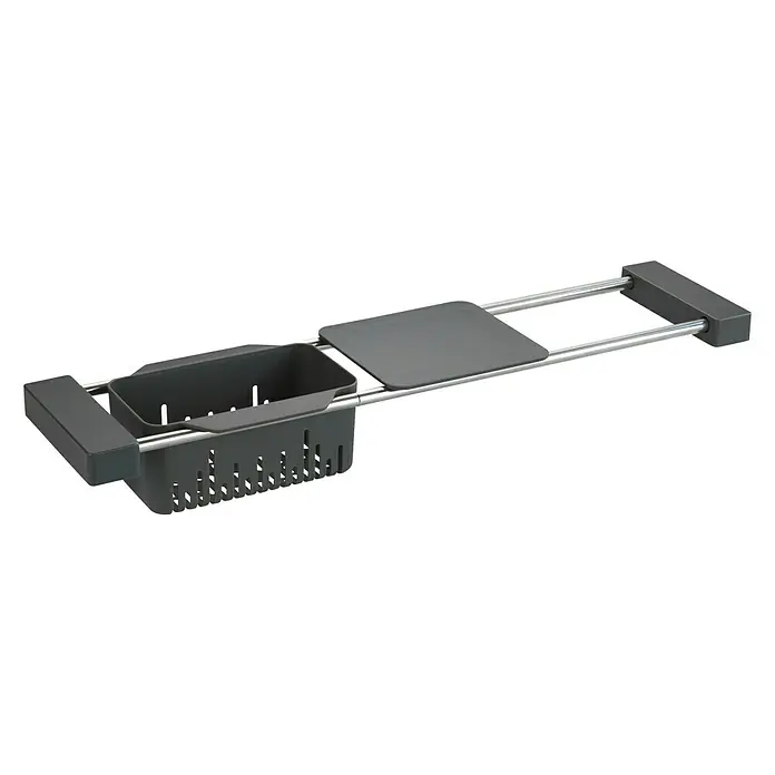 Wenko Spülbecken-Organizer - L x B x H: 14 x 43,5 x 8 cm, Grau - Hier ist ein verstellbarer Badewannen-Caddy aus Metall, der durch sein modernes Design besticht und perfekten Komfort bietet.