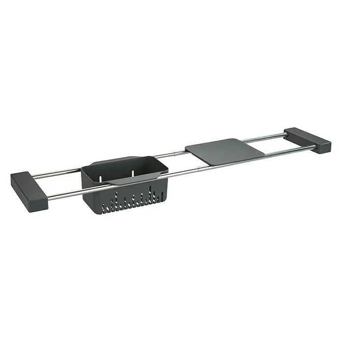 Wenko Spülbecken-Organizer - L x B x H: 14 x 43,5 x 8 cm, Grau - Eine ausziehbare Badewannenablage mit Behälter, Halterung und Ablagefläche in Grau und Silber für entspannende Bademomente.