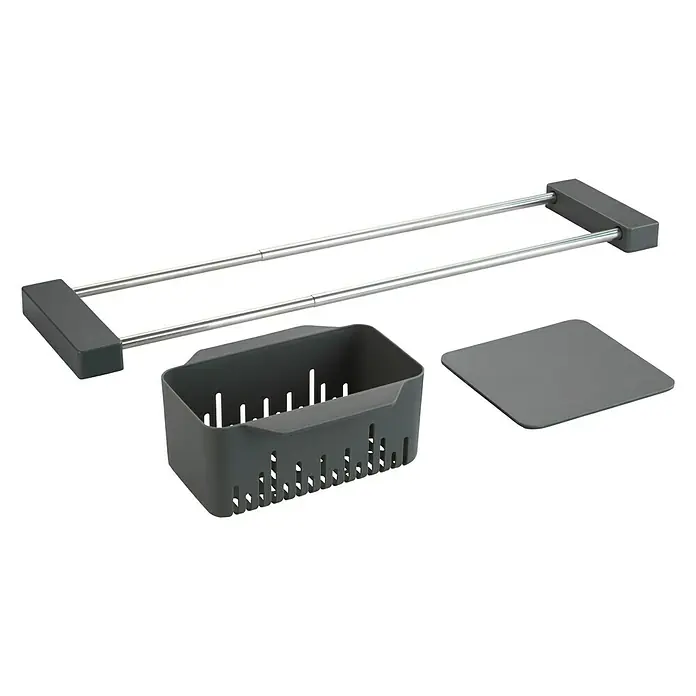 Wenko Spülbecken-Organizer - L x B x H: 14 x 43,5 x 8 cm, Grau - Das Bild zeigt ein Spülbecken-Organizer-Set mit einem ausziehbaren Halter, einem Behälter und einem Deckel, ideal für die Küchenorganisation.