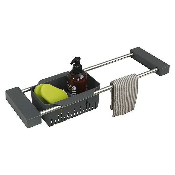 Wenko Spülbecken-Organizer - L x B x H: 14 x 43,5 x 8 cm, Grau - Eine Küchenspüle-Ablage mit Spülmittel, Schwamm und einem Handtuch, eine praktische Lösung für die Organisation am Spülbecken.