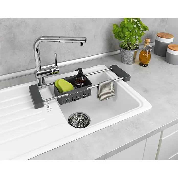 Wenko Spülbecken-Organizer - L x B x H: 14 x 43,5 x 8 cm, Grau - Spülbecken mit Abtropffläche und Spülbeckenorganisator zur Aufbewahrung von Spülmittel, Schwamm und Geschirrtuch für eine ordentliche Spüle.