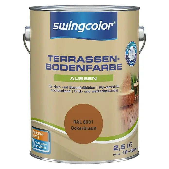 swingcolor Terrassenbodenfarbe RAL 8001 - Ockerbraun, 2,5 l, Seidenmatt - Farbdose Swingcolor Terrassen- und Bodenfarbe, RAL 8001 Ockerbraun, seidenmatt, wasserbasiert, für Holz- und Betonböden im Außenbereich.
