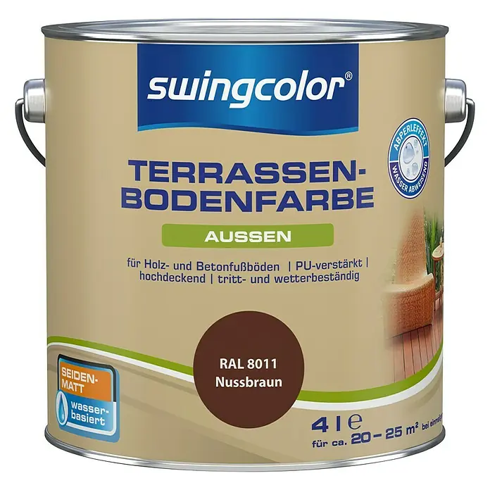 swingcolor Terrassenbodenfarbe RAL 8011 - Nussbraun, 4 l, Seidenmatt - Abbildung einer Dose Swingcolor Terrassen-Bodenfarbe Nussbraun (RAL 8011), wasserbasiert, seidenmatt, für Holz- und Betonböden im Außenbereich.