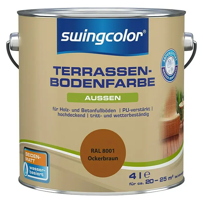 swingcolor Terrassenbodenfarbe RAL 8001 - Ockerbraun, 4 l, Seidenmatt - Dose Terrassen-Bodenfarbe von Swingcolor, RAL 8001 Ockerbraun, für Holz- und Betonböden im Außenbereich, wasserabweisend und trittfest.