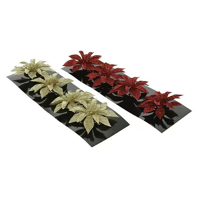 Kunstblume Weihnachtsstern - Durchmesser: 8 cm, 4 Stk. - Zwei Reihen glitzernder Blumendekorationen, eine goldene und eine rote, auf schwarzen Sockeln.