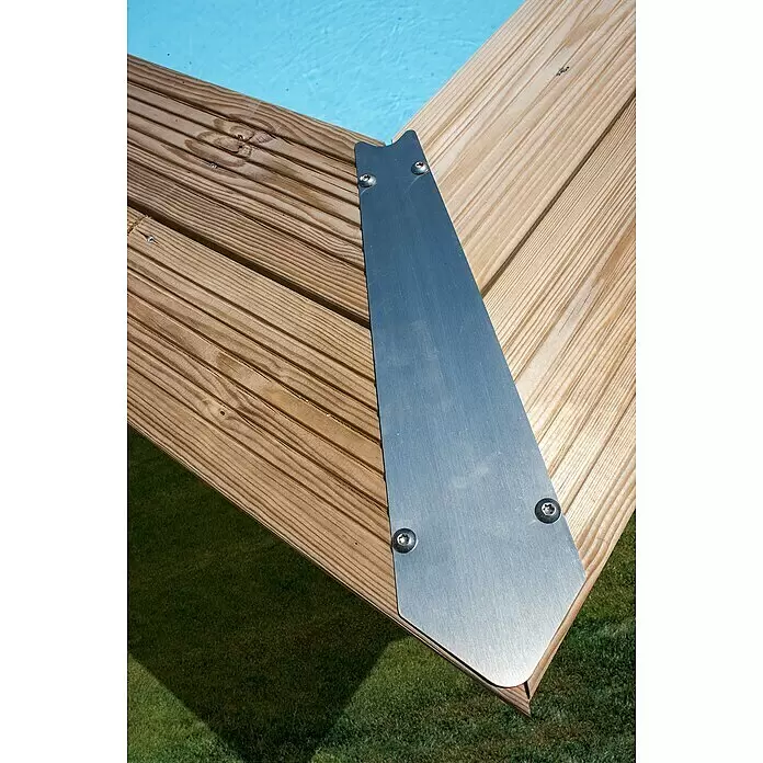 Gre Holz-Pool Vanille 2 - Ø x H: 400 x 119 cm, Braun, 8.000 l - Edelstahl-Eckblech mit sichtbaren Schrauben, befestigt Holzdeckbretter am Schwimmbecken.
