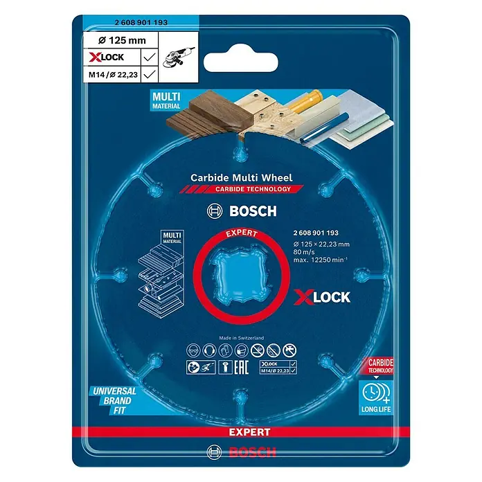 Bosch Expert Karbid-Trennscheibe Carbide Multi Wheel X-Lock - Durchmesser: 125 mm, 1 Stk. - Verpackung einer Bosch Carbide Multi Wheel Trennscheibe für verschiedene Materialien, mit X-Lock System und langer Lebensdauer.