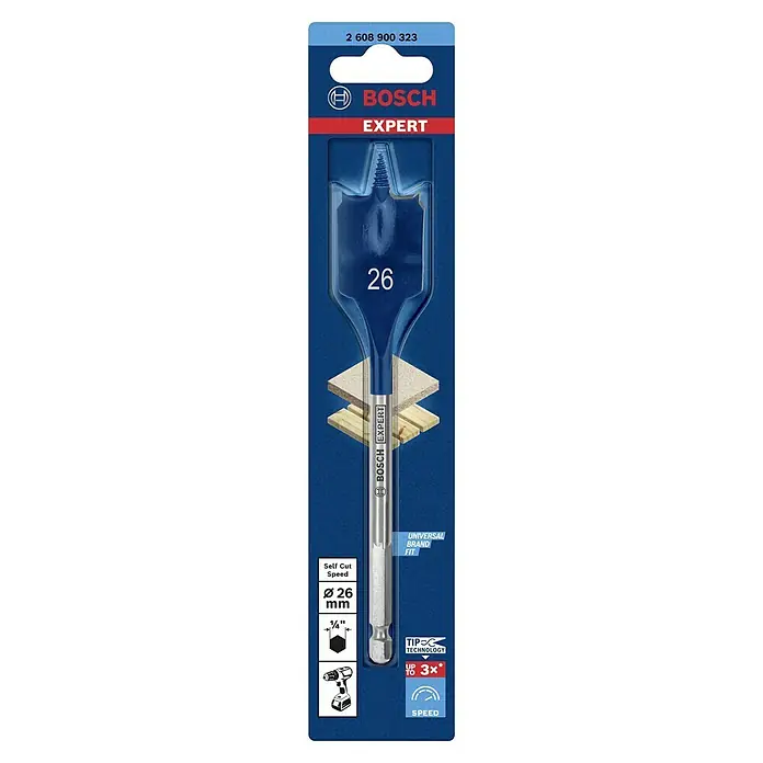 Bosch Expert Holzbohrer Selfcut - 1 Stk., Durchmesser Bohrer: 26 mm - Das Bild zeigt einen Bosch EXPERT Flachfräsbohrer mit einem Durchmesser von 26 mm in einer blauen Verpackung.