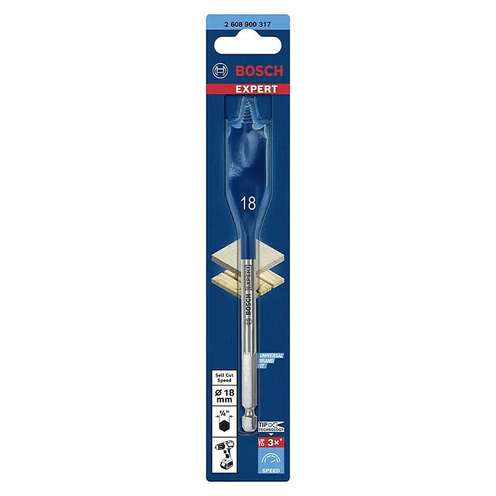 Bosch Expert Holzbohrer Selfcut - Durchmesser Bohrer: 18 mm - Abbildung eines Bosch EXPERT-Flachfräsbohrers mit 18 mm Durchmesser, der für schnelles und sauberes Bohren in Holz konzipiert ist.
