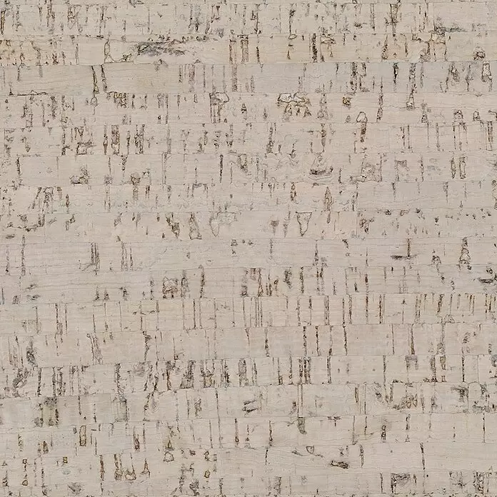 Corklife Studiostyle Korkboden - Lisboa Antique White, Mehrstab, 905 x 295 x 10,5 mm - Helle, beigefarbene Korktextur mit dunklen, unregelmäßigen Sprenkeln und linearen Mustern.