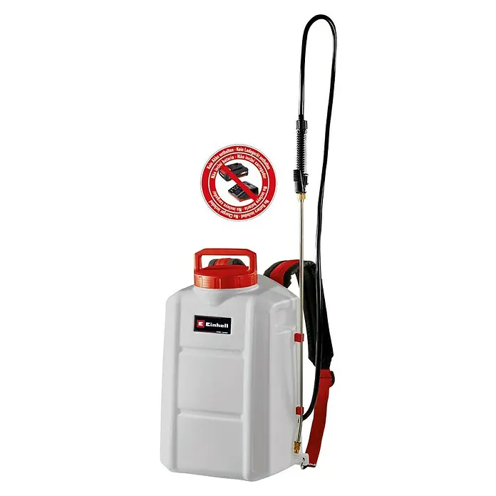 Einhell Power X-Change 18V Drucksprühgerät GE-WS 18/150 Li-Solo - Betriebsdruck: 4,5 bar, Kunststoff - Abbildung einer Akku-betriebenen Rückenspritze von Einhell mit einem roten Warnhinweis, dass Akku und Ladegerät nicht enthalten sind.